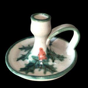 Vintage Small House Pottery Christmas Mistletoe Chamberstick Candle Holder